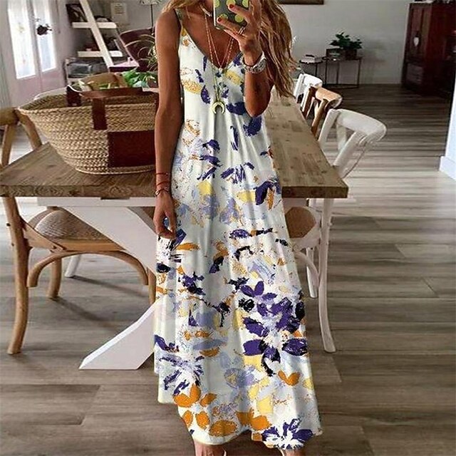 

Women's Swing Dress Maxi long Dress White Sleeveless Floral Print Spring Summer V Neck Spaghetti Strap Stylish Casual 2022 S M L XL XXL