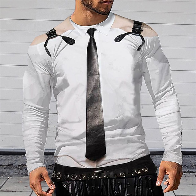 

Men's T shirt 3D Print Graphic Belt Crew Neck Casual Daily Print Long Sleeve Tops Basic Fashion Designer Slim Fit White