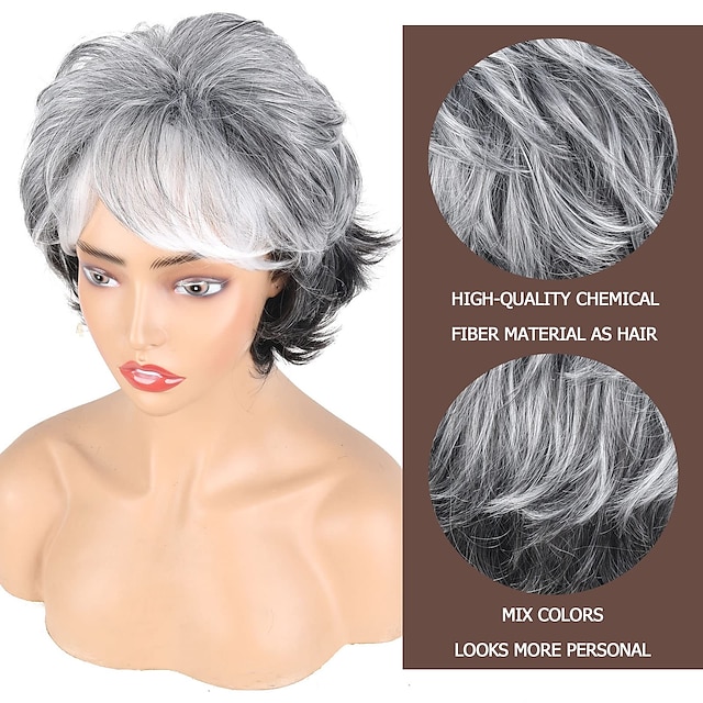 Gray Wigs Short Grey Wigs for White Women Pixie Cut Wig with Bangs Gray