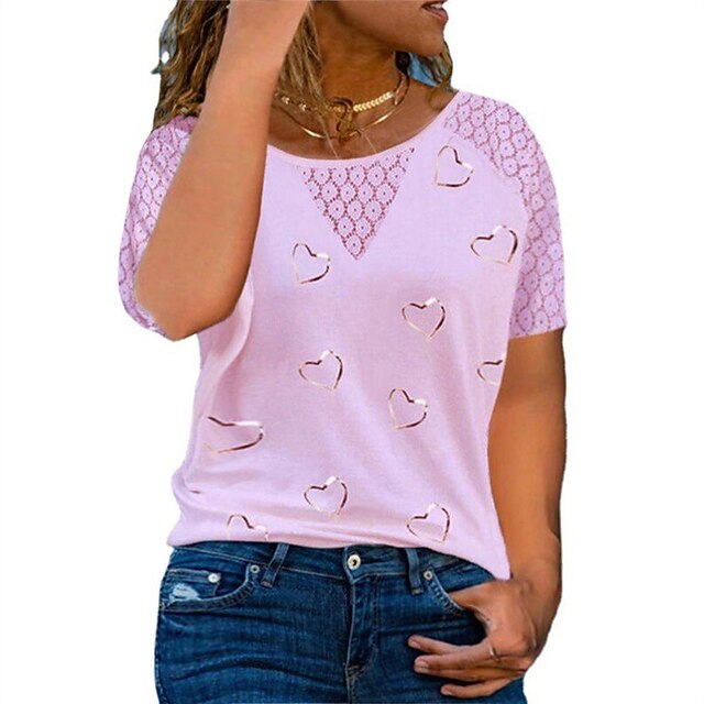 

Women's Plus Size Tops T shirt Heart Lace Print Short Sleeve Crewneck Streetwear Daily Going out Cotton Spring Summer White Gray