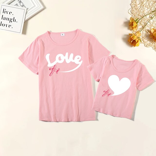 Baby & Kids Matching Outfits | Mommy and Me Valentines T shirt Tops Cotton Graphic Heart Letter Daily Print Black Pink Wine Shor