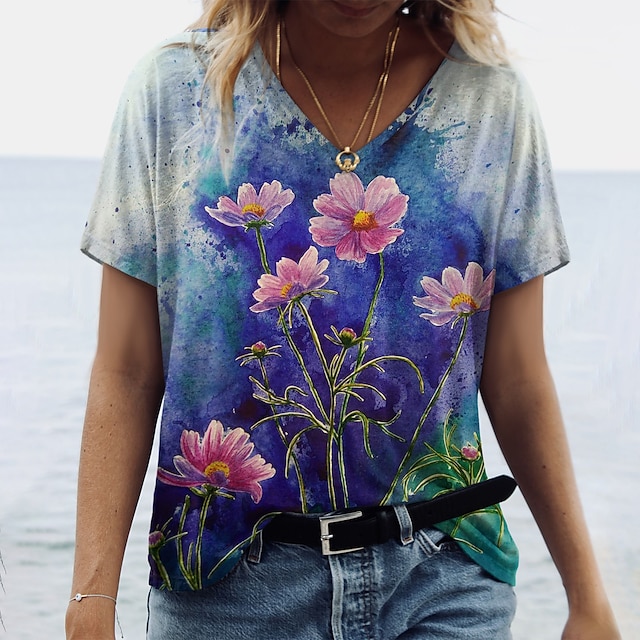 

Women's Floral Theme Painting T shirt Floral Print V Neck Basic Tops Purple / 3D Print