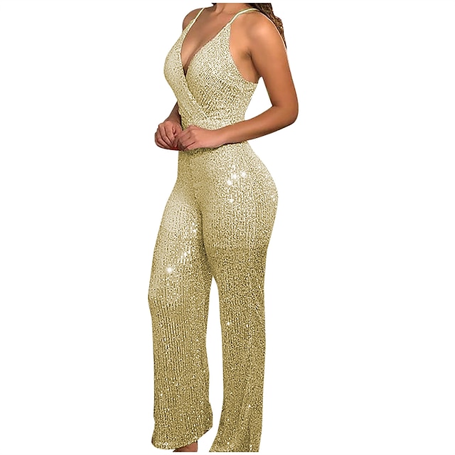 

Women's Jumpsuit Backless Sequin Solid Color V Neck Elegant Party Vacation Regular Fit Sleeveless Black Silver Gold S M L Spring