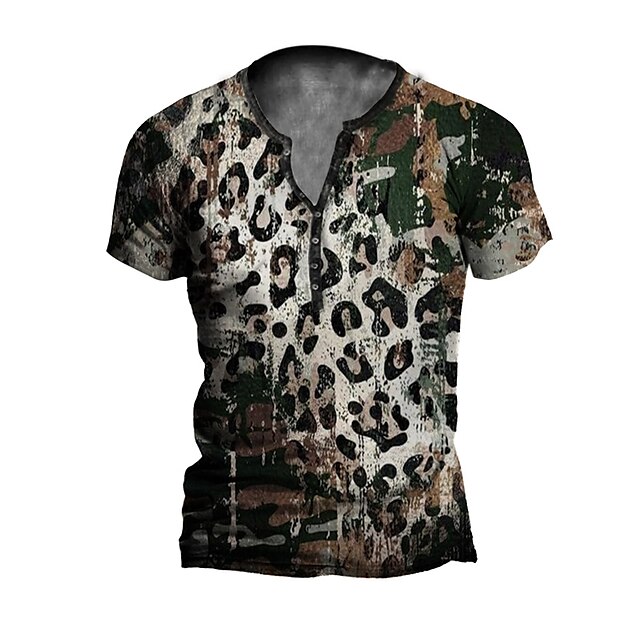 

Men's Henley Shirt T shirt 3D Print Graphic Leopard Henley Casual Daily Button-Down Print Short Sleeve Tops Casual Vintage Classic Designer Light Brown Brown Coffee