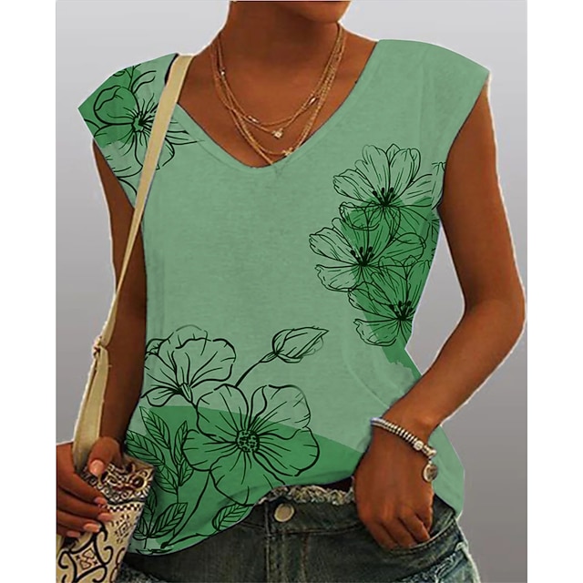 

Women's Blouse Camis Floral Patchwork Print V Neck Basic Casual Beach Tops Green / 3D Print