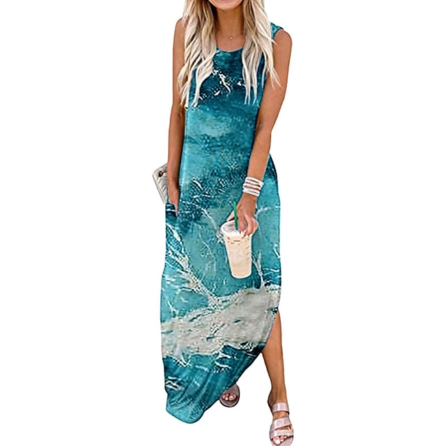 

Women's Shift Dress Maxi long Dress Black and white stripes Blue Black Yellow Sleeveless Floral Striped Butterfly Pocket Print Spring Summer Crew Neck Casual 2022 S M L XL XXL