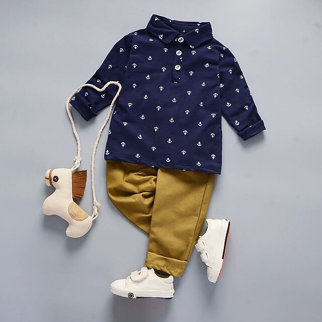 

Toddler Boys T-shirt Pants Clothing Set 2 Pieces Long Sleeve White Dusty Blue Print Indoor Outdoor Active Fashion 1-5 Years