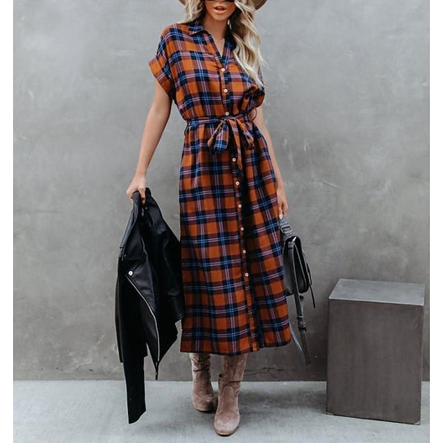 

Women's Shirt Dress Midi Dress Yellow Short Sleeve Plaid Print Spring Summer Shirt Collar Elegant 2022 S M L XL XXL
