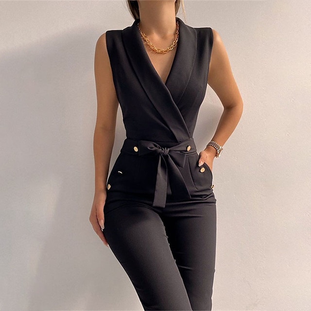

Women's Jumpsuit High Waist Pocket Solid Color V Neck Elegant Party Going out Regular Fit Sleeveless Black S M L Spring
