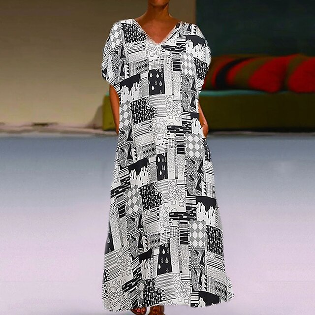 

Women's Casual Dress Maxi long Dress Blue White Orange Short Sleeve Print Print Spring Summer V Neck Casual 2022 M L