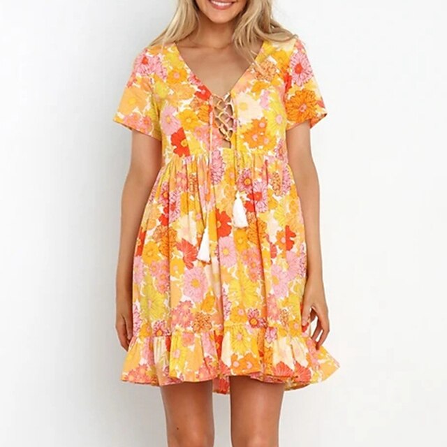 

Women's Shift Dress Short Mini Dress Yellow Short Sleeve Floral Ruffle Print Spring Summer V Neck Elegant Casual 2022 S M L XL