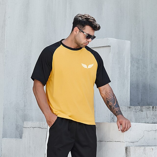

Men's T shirt Hot Stamping Color Block Graphic Prints Wings Crew Neck Street Casual Print Short Sleeve Tops Basic Fashion Designer Big and Tall Black Yellow