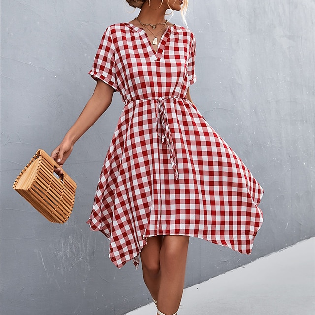 

Women's A Line Dress Short Mini Dress Black Khaki Red Short Sleeve Plaid Print Spring Summer V Neck Stylish Casual Modern 2022 S M L XL