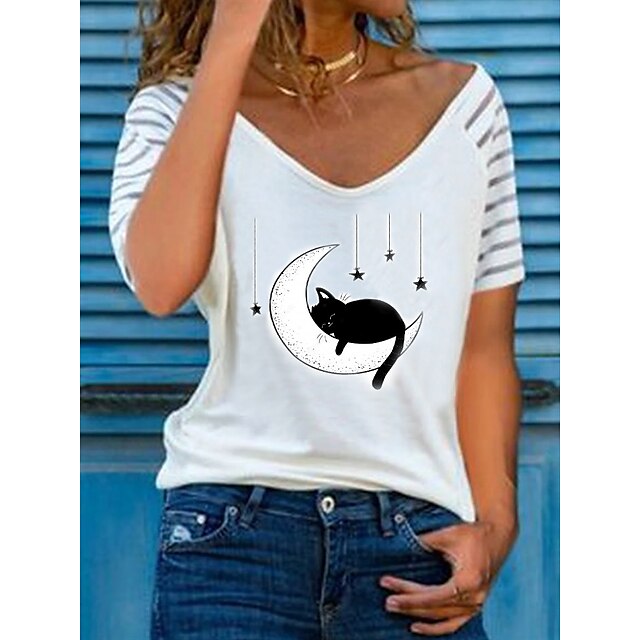 

Women's Cat Painting T shirt Galaxy Cat Heart Print V Neck Basic Tops White Black Gray