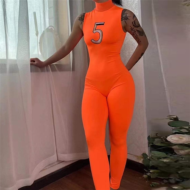 

Women's Jumpsuit Embroidered Letter Turtleneck Active Home Street Regular Fit Sleeveless Black Pink Orange S M L Spring