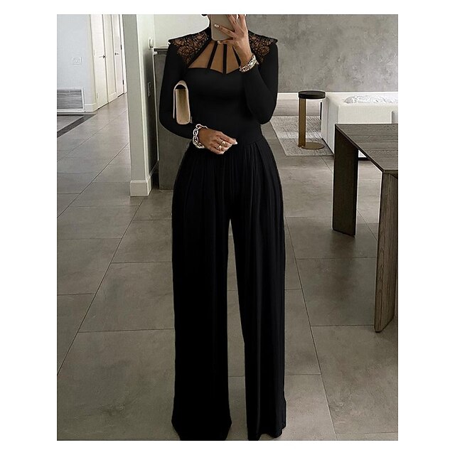  Women's Jumpsuit Lace Solid Color Crew Neck Elegant Daily Vacation Straight Regular Fit Long Sleeve Black S M L Spring