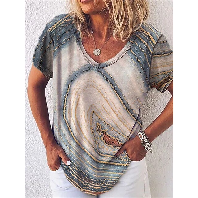 

Women's Geometric T shirt Geometric V Neck Basic Tops Khaki / 3D Print