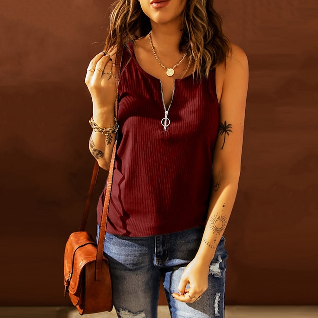 

Women's Tank Top Vest Plain Quarter Zip V Neck Casual Streetwear Tops Black Gray Pink
