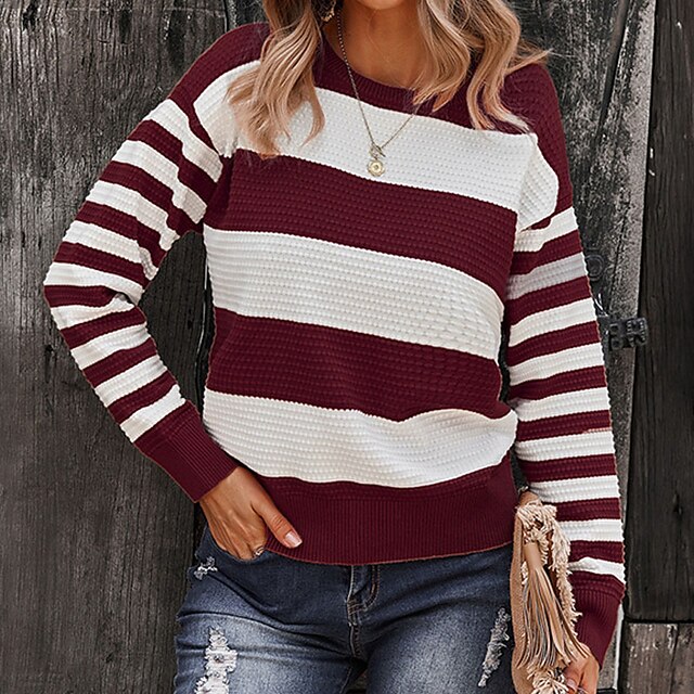 Womens Clothing Sweaters & Cardigans | Womens Sweater Jumper Ribbed Knit Stripe Knitted Striped Crew Neck Stylish Casual Home Da