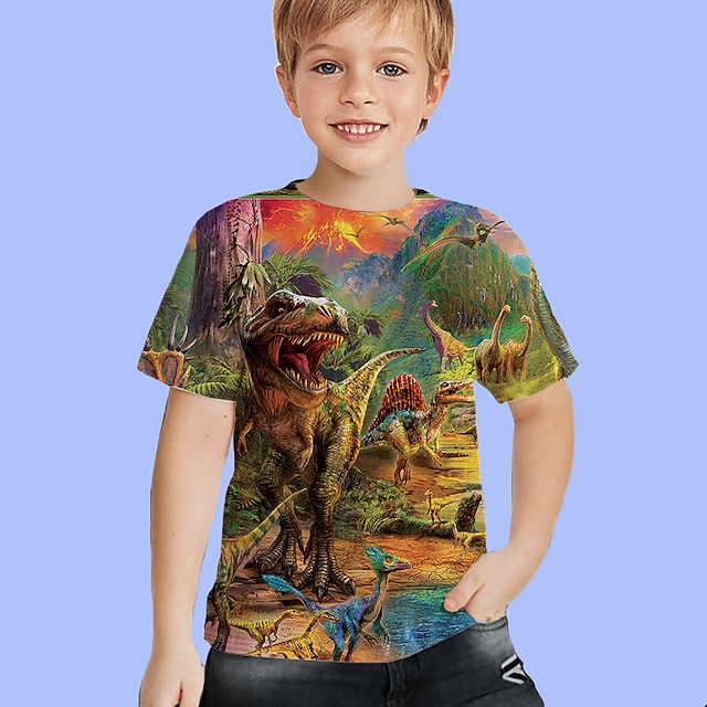  Gutt 3D Dyr Dinosaur T skjorte Kortermet 3D-utskrift Sommer Vår Aktiv Sport Mote Polyester Barn 3-12 år utendørs Daglig Innendørs Normal