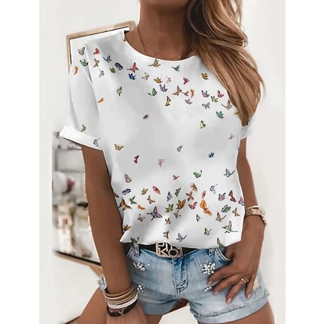

Women's Butterfly T shirt Butterfly Print Round Neck Basic Tops White / 3D Print