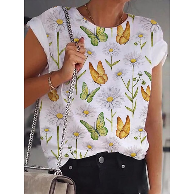 

Women's T shirt Floral Butterfly Patchwork Print Round Neck Basic Tops White / 3D Print