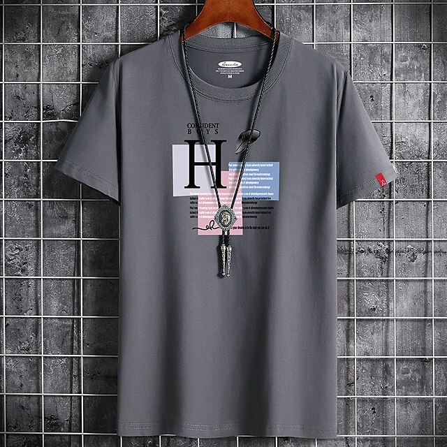 

Men's T shirt Print Letter Round Neck Casual Daily Short Sleeve Tops Lightweight Formal Breathable White Black Dark Gray