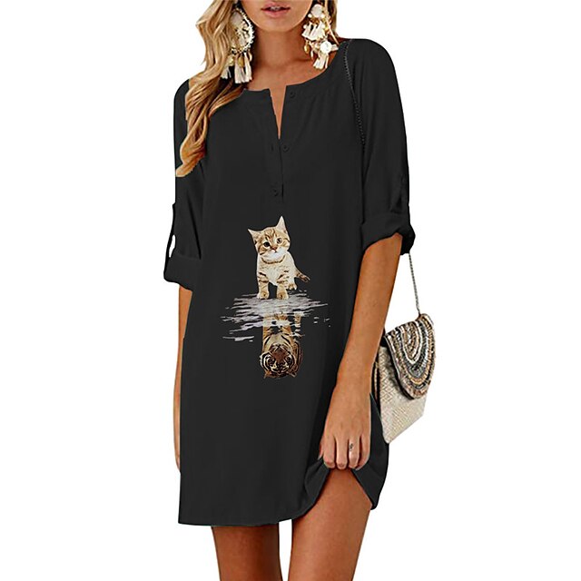 

Women's Shift Dress Short Mini Dress Black Gray Navy Blue Half Sleeve Cat Animal Print Spring Summer V Neck Stylish Casual Modern 2022 S M L XL XXL
