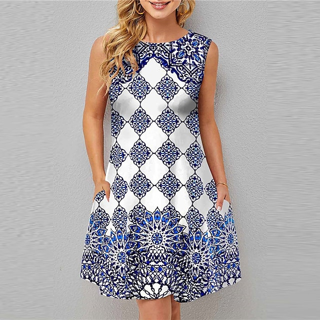 

Women's A Line Dress Knee Length Dress Blue Sleeveless Floral Pocket Print Spring Summer Round Neck Work Casual Vacation 2022 S M L XL XXL