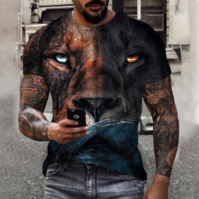 

Men's T shirt 3D Print Lion Round Neck Daily Print Short Sleeve Tops Cool Black