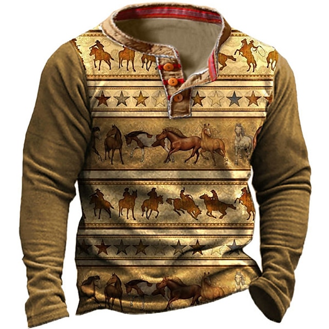 

Men's Henley Shirt Tee T shirt 3D Print Graphic Horse Henley Casual Daily Button-Down Print Long Sleeve Tops Fashion Vintage Big and Tall Military Style Brown / Spring / Summer