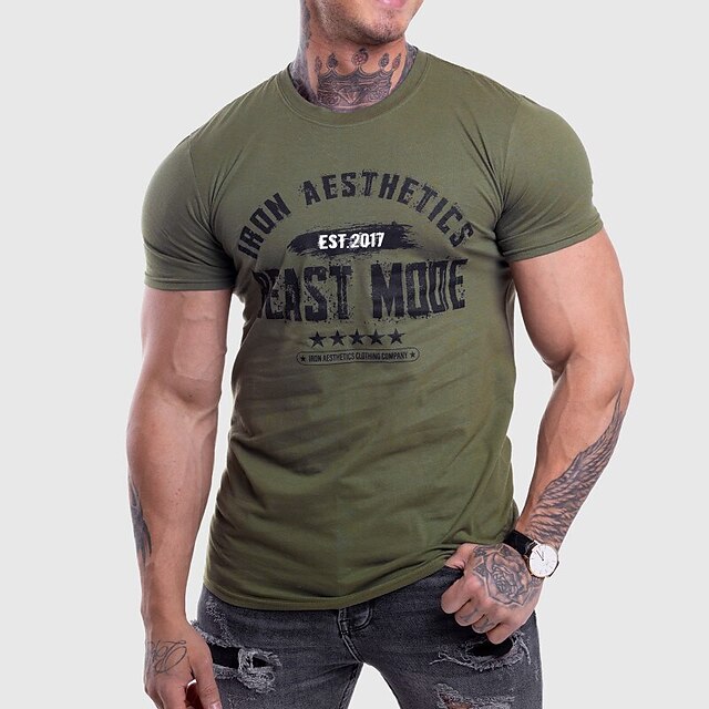 

Men's T shirt Hot Stamping Graphic Letter Crew Neck Casual Daily Print Short Sleeve Tops Lightweight Fashion Big and Tall Sports Army Green