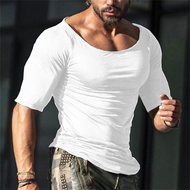  男性用 Tシャツ 平織り ボートネック カジュアル 祝日 半袖 衣類 コットン リネンのような生地 スポーツ ファッション ライトウェイト 大きくて背が高い