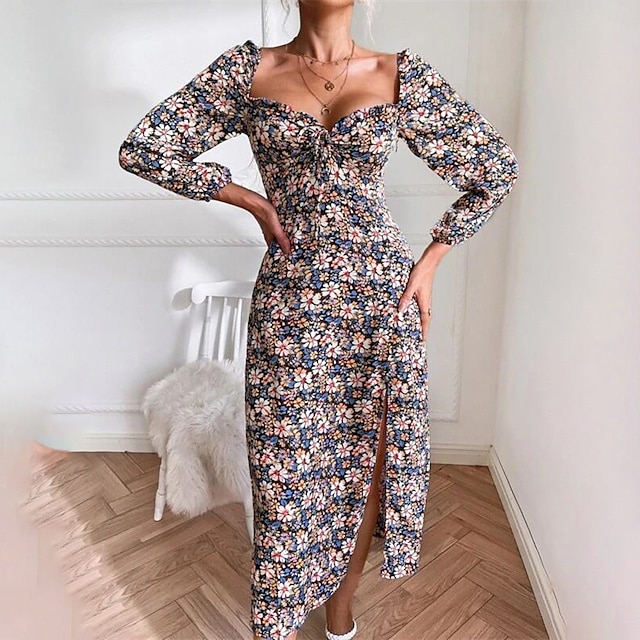 

Women's Sheath Dress Midi Dress Blue Pink Long Sleeve Floral Split Lace up Print Spring Summer V Neck Stylish Elegant Vintage 2022 S M L XL