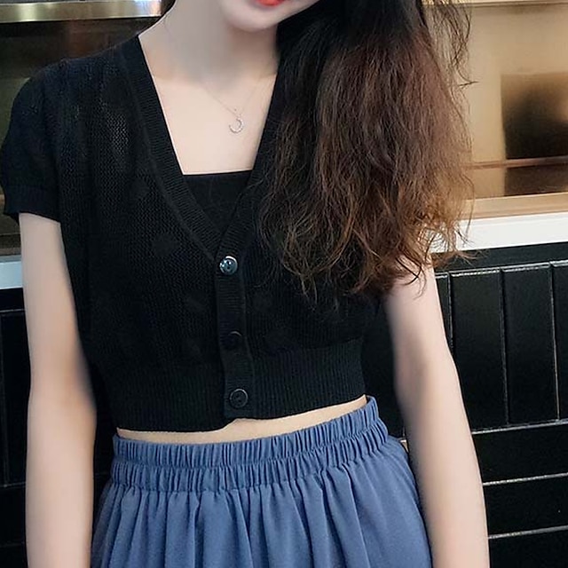 

Women's Shrug Knitted Button Pure Color Stylish Elegant Casual Short Sleeves Sweater Cardigans V Neck Spring Summer White Black Red