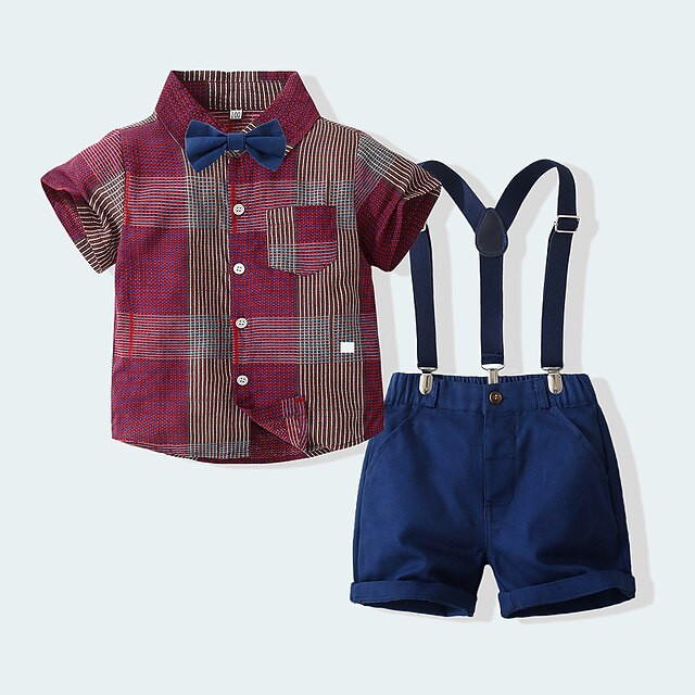 

Kids Boys Shirt Shorts Clothing Set 2 Pieces Short Sleeve Wine Color Block Patchwork Bow Street Cool Daily 2-6 Years
