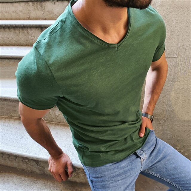 

Men's T shirt Solid Color V Neck Casual Daily Short Sleeve Tops Lightweight Fashion Big and Tall Sports Green