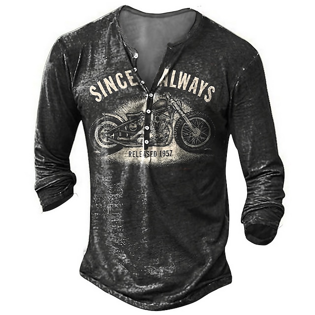 

Men's Henley Shirt Tee T shirt 3D Print Graphic Motorcycle Plus Size Henley Casual Daily Button-Down Print Long Sleeve Tops Casual Retro Designer Military Black
