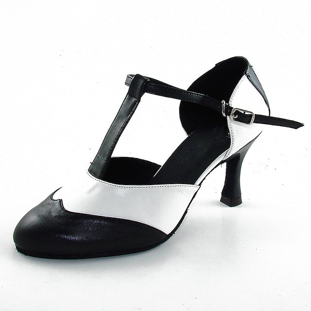  Mujer Salón Zapatos de Baile Moderno Zapatos de Salsa Rendimiento Interior Vals Tacones Alto Zapatilla Corte Tacón alto delgado Tira en T Negro / Blanco