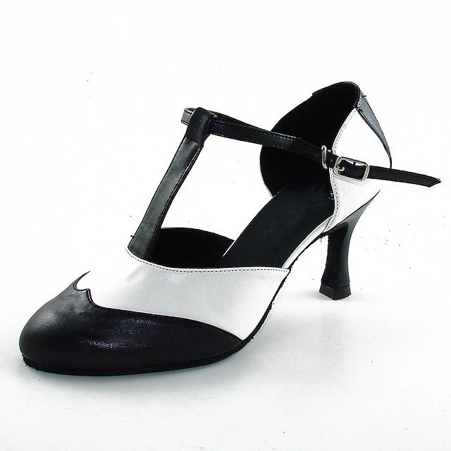 Women's Black and White T-Strap Latin Dance Shoes – Two-Tone Ballroom Heels for Salsa & Performance 7