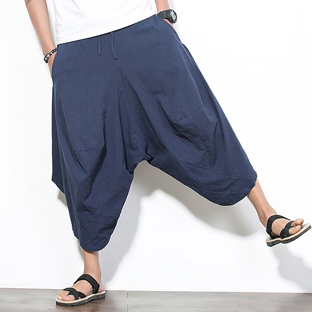 Mens Clothing Mens Bottoms | Mens Retro Vintage Streetwear Culottes Wide Leg Tapered Carrot Pants Elastic Drawstring Design Calf