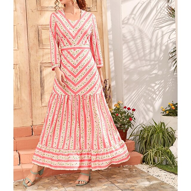 

Women's Swing Dress Maxi long Dress Light Pink Long Sleeve Floral Striped Print Ruffle Print Fall Spring V Neck Basic Elegant Casual 2022 S M L XL / Party Dress
