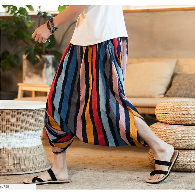 Mens Clothing Mens Bottoms | Mens Retro Vintage Streetwear Harem Baggy Elastic Drawstring Design Print Ankle-Length Pants Casual