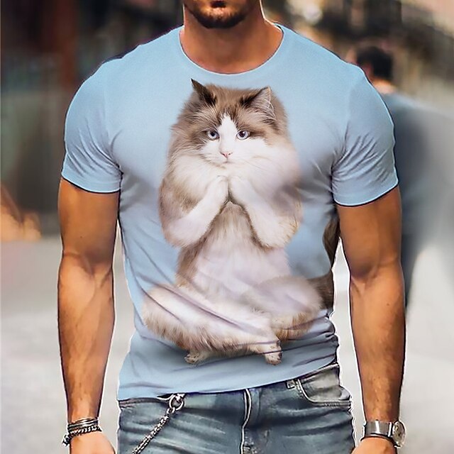 

Men's T shirt 3D Print Cat Graphic Crew Neck Daily Sports Print Short Sleeve Tops Casual Classic Designer Big and Tall Blue Royal Blue Light Blue