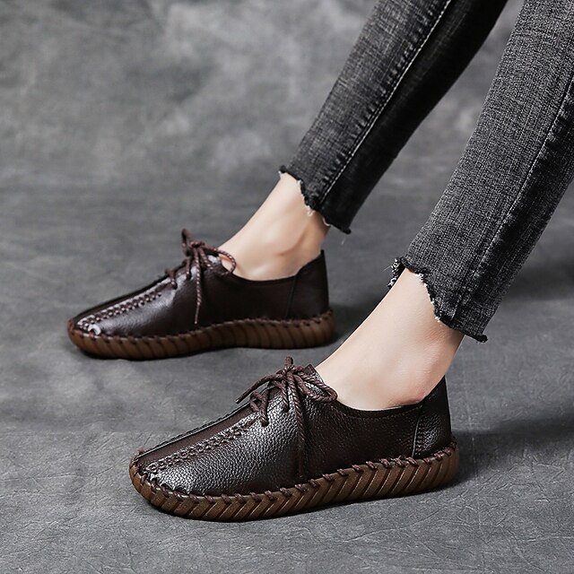

Women's Oxfords Flat Heel Round Toe Casual Daily Walking Shoes PU Leather Lace-up Spring Summer Dark Brown Black Beige