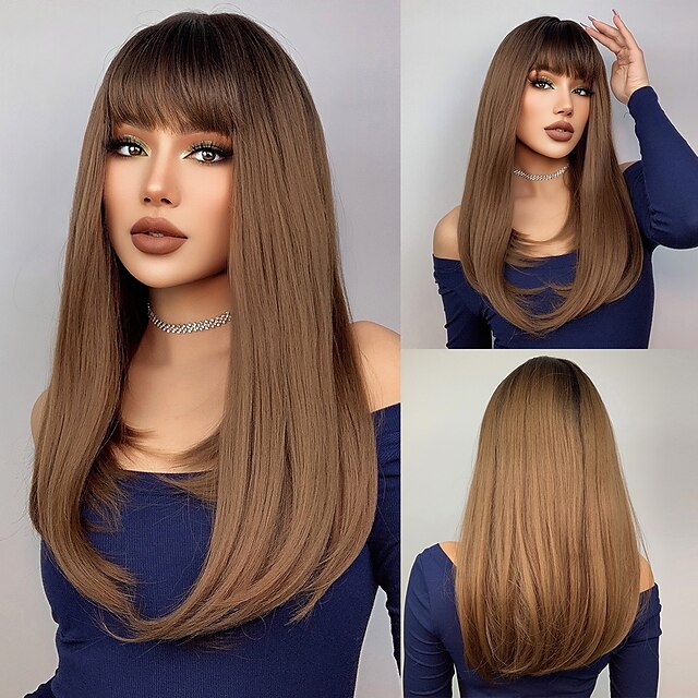 Beauty & Hair Wigs & Hair Pieces | HAIRCUBE Hair Ombre Brown Black Blonde Long Natural Straight Wigs With Side Part for Women - 