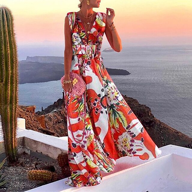 

Women's A Line Dress Maxi long Dress Blue White Sleeveless Floral Print Spring Summer V Neck Elegant Vacation 2022 S M L XL XXL 3XL