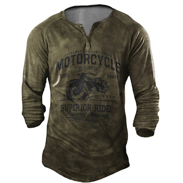 

Men's Henley Shirt Tee T shirt 3D Print Graphic Motorcycle Plus Size Henley Casual Daily Button-Down Print Long Sleeve Tops Casual Retro Designer Military Army Green