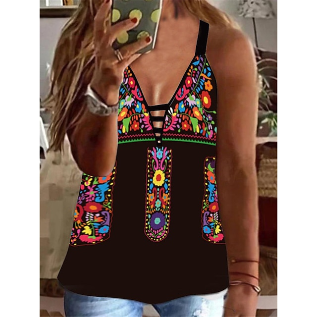 

Women's Plus Size Tops Camisole Floral Print Sleeveless V Neck Vintage Streetwear Daily Going out Polyester Spring Summer Green Blue