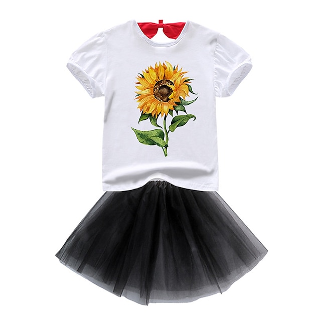 

Kids Girls' T-shirt Skirt SkirtSet Clothing Set 2 Pieces Short Sleeve Black Floral Mesh Bow Print Street Indoor Vacation Active Casual Fashion Daily Mini 2-8 Years